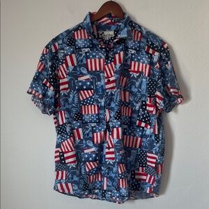 Patriotic Red & Blue Flag Print Short Sleeve Button Down Shirt